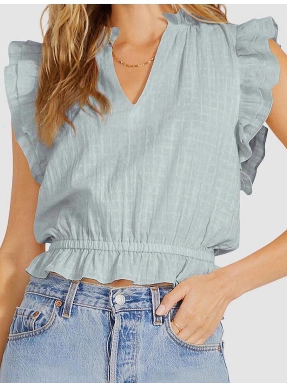 Steve Madden BB Dakota Light Teal Ruffle Sleeve Peplum Blouse | XS